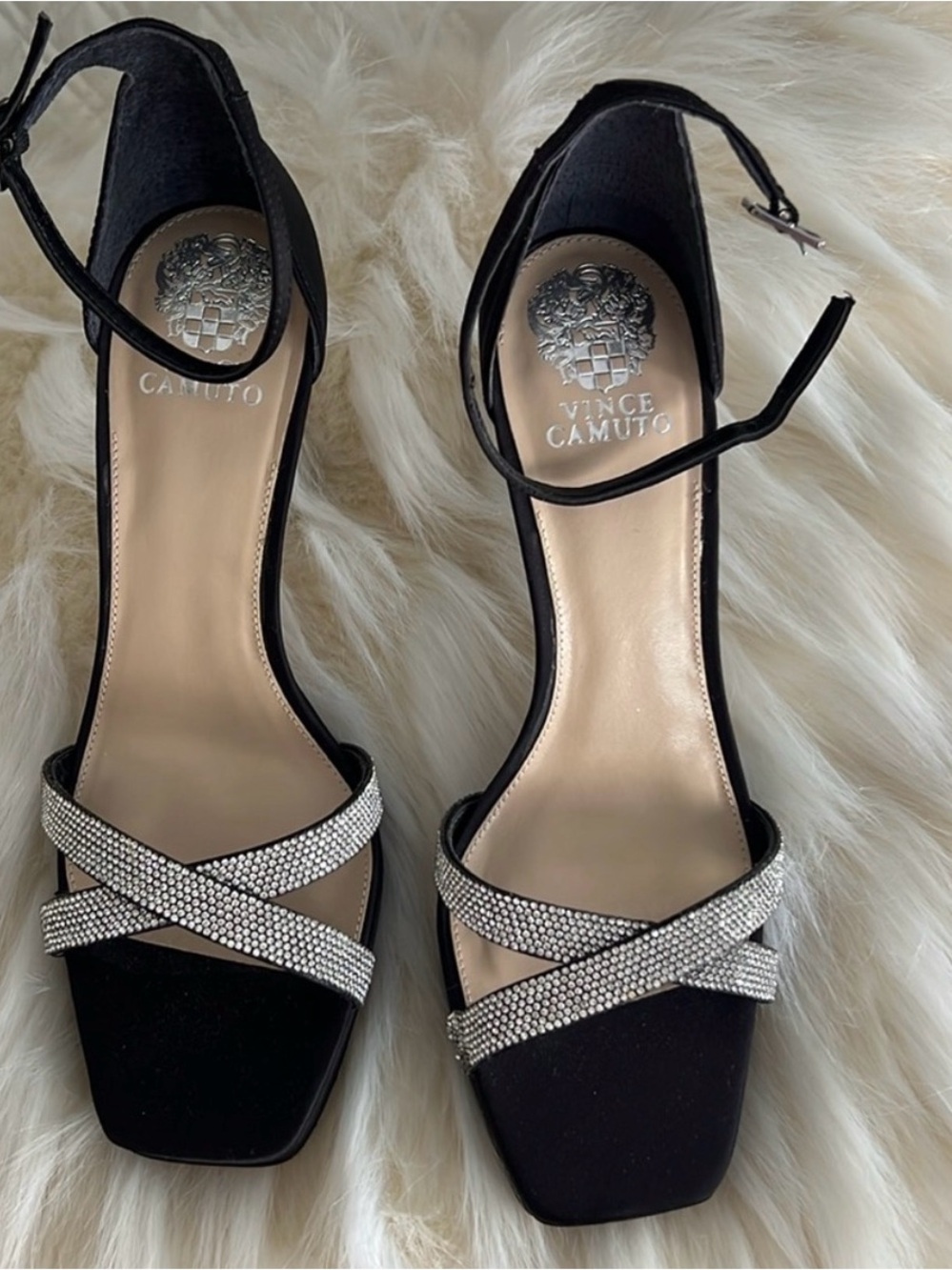Vince Camuto Kalvira Black Satin Crystal Heels Sz 10